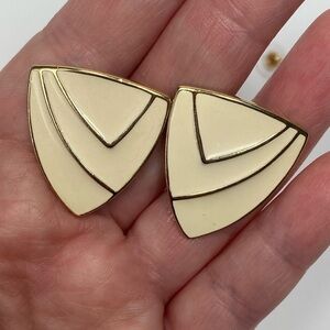 Trifari Earrings Cream Enamel Gold Tone Signed Marked Vintage